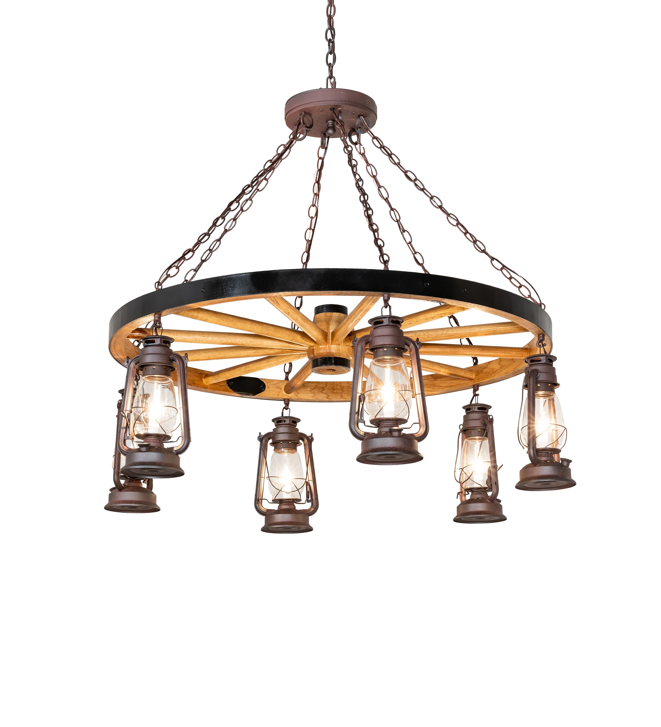 46" Wide Miners Lantern Wagon Wheel 6 Light Chandelier