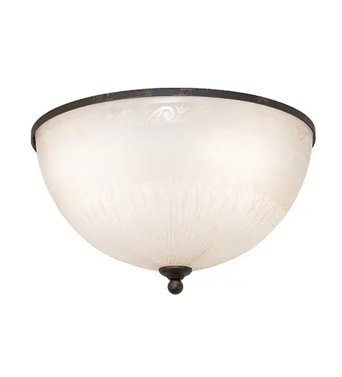 A stunning ceiling fixture that embodies nostalgic elegance and style. The White Frosted Art Glass shade has a lovely tone-on-tone floral pattern and is accented with a graceful wave crest design. The shade is enhanced with an Antique Brass Matte finish. The Ovum Aquinum Flush Mount is featured in our American-designed; handcrafted Traditional Lighting Collection. UL and cUL listed for dry and damp locations. This fixture is Custom Made. Call for Pricing and Lead Time. - alternate view