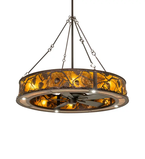 Listen closely. You can almost hear the soft whisper of the Pine Branches as they dance in the wind. Enjoy the ambiance of smooth, beautiful light diffused through the Amber Mica lens, which features stunning pinecone and tree branch designs. Gentle breezes are created by the fan spinning quietly in the center of the diffuser, complemented by the stunning decorative accents featured in a Mahogany Bronze finish. This innovative custom fan-integrated lighting fixture delivers three layers of light, including decorative, functional, and ambient illumination. Four circuits operate eight inner lights that bring out the beauty of the mica. Four downlights deliver functional illumination on surfaces below, while four up lights provide ambient lighting. The fourth circuit operates the fan, which spins quietly inside to create the perfect ambiance in the space. It is ideal for illuminating great rooms and other large spaces in residential and hospitality settings. In summer, the fan circulates wind chill to keep the space cool and comfortable. In winter, the fan reverses to pull air towards the ceiling, forcing the warm air back down and circulating to create warmth. The Whispering Pines Chandel-Air is part of our American-made, American-designed, handcrafted Chandel-Air Collection, manufactured in Yorkville, NY. UL & cUL listed for dry and damp locations. Collection: Whispering Pines Finish: Mahogany Bronze Glass: Amber Mica Width: 56.00" Height: 95.00" Length: 56.00" Weight: 118.00 lb Number of Bulbs: 8 Maximum Wattage: 60.00 W Bulb Type: A19 Bulb Base: E26 Material: Steel Country of Origin: USA Safety Rating: Damp