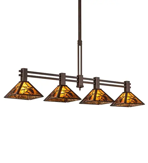 Enjoy the ambiance of soft light diffused through four beautiful Amber Mica shades featuring breathtaking Pinecone and Pine Branch designs. This nature-inspired oblong pendant is enhanced with a Mahogany Bronze finish. Place the pendant over kitchen islands; and tables in lodges; log and timber frame homes; camps; and other residential and hospitality locations. The Whispering Pines 4 Light Island Pendant is featured in our American-made; American-designed; handcrafted Nature Inspired Collection and is manufactured in Yorkville; New York. UL and cUL listed for dry and damp locations. - alternate view