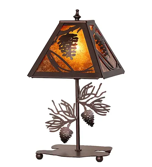 Invite the beauty of nature into your home with a charming accent lamp featuring metal accents designed as a Pinecone; Pine needles; and branches. Experience the warm beauty of an Amber Mica shade; enhanced with a Mahogany Bronze finished table base. The Whispering Pines Accent Lamp is featured in our American-made; American-designed; handcrafted Nature Inspired Collection. It is manufactured in Yorkville; New York. It is UL and cUL listed for dry locations. Upstate New York's adventurous playland; known as the Adirondack Mountains; with its many breathtaking forests; lakes; and rivers; is the spiritual birthplace of Meyda and inspires our rustic-themed mica collections. - alternate view
