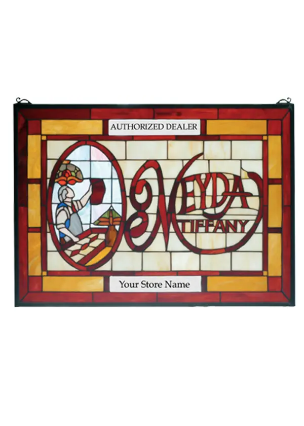 Meyda Tiffany stained glass studio artinst window in Beige; Amber and Red can be customized with your store name.