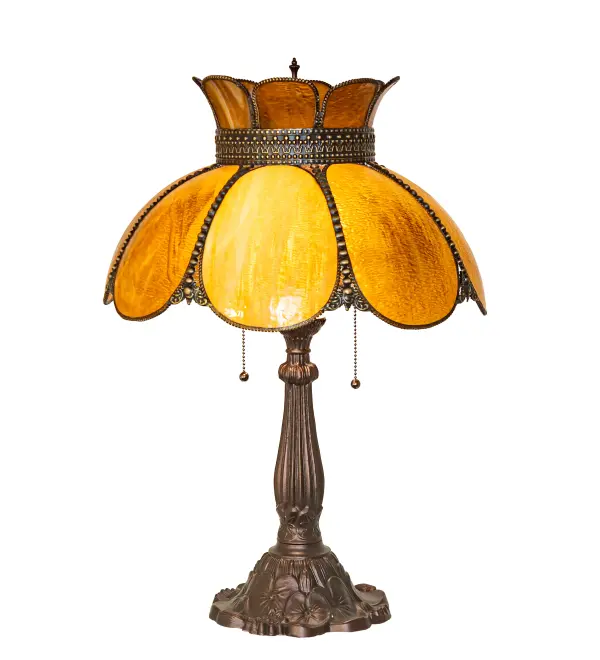 Every Meyda Tiffany item is a unique handcrafted work of art. Natural variations in the wide array of materials that we use to create each Meyda product make every item a masterpiece of its own. Photographs are a general representation of the product. Colors and designs will vary. Collection: Annabelle Finish: Craftsman Brown Highlighted Mahogany Bronze Glass: Honey Granite Glass Width: 18.00" Height: 27.00" Length: 18.00" Weight: 11.00 lb Number of Bulbs: 2 Maximum Wattage: 60.00 W Bulb Type: A19 Bulb Base: E26 Material: Zinc Country of Origin: USA Safety Rating: Dry