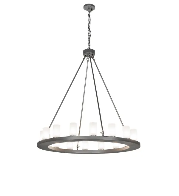 Blending an elegant style with a classic, distinguished look... The handsome Loxley Chandelier features 16 Clear Frosted Glass Cylindre elements perched on a sturdy ring, which is enhanced with a Blackened Pewter finish. This luxurious chandelier is ideal for illuminating great rooms, entryways, and other residential, hospitality, and commercial spaces. The overall height ranges from 54 to 125 inches, as the chain length can be easily adjusted on location to accommodate your specific lighting application needs. The Loxley 16 Light Chandelier is included in our American-made, American-designed, handcrafted Transitional Lighting Collection. This fixture is manufactured in Yorkville, New York, and is UL and cUL listed for dry and damp locations. The Loxley Collection features various chandeliers, pendants, and wall sconces designed with sturdy rings accented with faux candlelights or cylindrical elements. Many of these fixtures make great statement pieces for large spaces and can be customized with your choice of size, finish, and lamping. Collection: Loxley Finish: Blackened Pewter Glass: Clear Frosted Glass Width: 48.00" Height: 54.00" Length: 48.00" Weight: 70.00 lb Number of Bulbs: 16 Maximum Wattage: 60.00 W Bulb Type: BA9 Bulb Base: E12 Material: Steel Country of Origin: USA Safety Rating: Damp