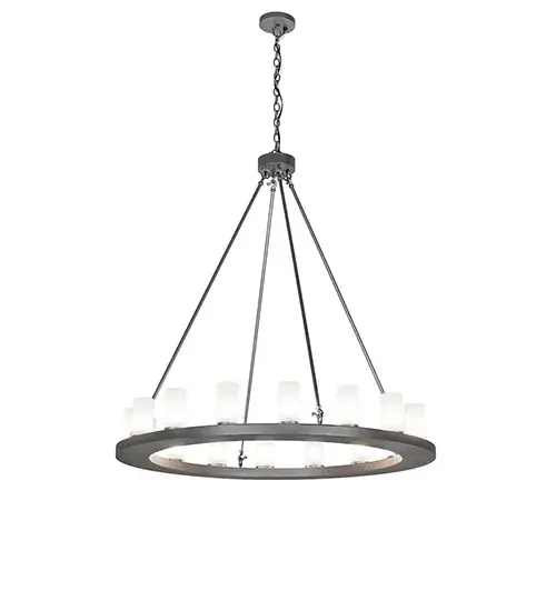 Blending an elegant style with a classic, distinguished look... The handsome Loxley Chandelier features 16 Clear Frosted Glass Cylindre elements perched on a sturdy ring, which is enhanced with a Blackened Pewter finish. This luxurious chandelier is ideal for illuminating great rooms, entryways, and other residential, hospitality, and commercial spaces. The overall height ranges from 54 to 125 inches, as the chain length can be easily adjusted on location to accommodate your specific lighting application needs. The Loxley 16 Light Chandelier is included in our American-made, American-designed, handcrafted Transitional Lighting Collection. This fixture is manufactured in Yorkville, New York, and is UL and cUL listed for dry and damp locations. The Loxley Collection features various chandeliers, pendants, and wall sconces designed with sturdy rings accented with faux candlelights or cylindrical elements. Many of these fixtures make great statement pieces for large spaces and can be customized with your choice of size, finish, and lamping. Collection: Loxley Finish: Blackened Pewter Glass: Clear Frosted Glass Width: 48.00" Height: 54.00" Length: 48.00" Weight: 70.00 lb Number of Bulbs: 16 Maximum Wattage: 60.00 W Bulb Type: BA9 Bulb Base: E12 Material: Steel Country of Origin: USA Safety Rating: Damp - alternate view