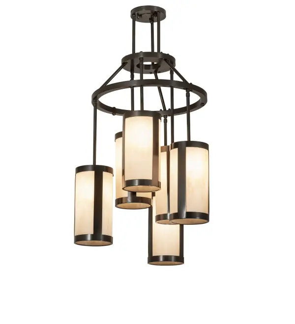 A two-tiered chandelier creates an eye-catching transitional look. Six handsome Sahara Taupe Idalight shades are arranged in a staggered formation, suspended from two decorative rings and a canopy, providing light at various levels. All hardware is hand-finished in Timeless Bronze. Ideal for illuminating stairwells, entryways, lobbies, foyers, ballrooms, and other residential, hospitality, and commercial spaces. The Cartier Cascading Chandelier is featured in our American- made, American-designed, handcrafted Transitional Lighting Collection and manufactured in Yorkville, NY. UL and cUL listed for dry and damp locations. Collection: Cartier Finish: Timeless Bronze Glass: Sahara Taupe Idalight Width: 24.00" Height: 41.00" Length: 24.00" Weight: 34.00 lb Number of Bulbs: 6 Maximum Wattage: 60.00 W Bulb Type: T10 Bulb Base: E26 Material: Steel Country of Origin: USA Safety Rating: Damp