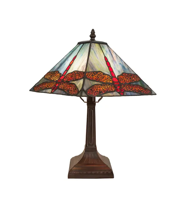 Scarlet Dragonflies with Ruby eyes dive downward against a cloud filled Aurora Midnight sky streaked with a full spectrum of colors. The exceptional stained art glass used in this family has unique tones in each piece; just as in nature. Each piece of glass is hand cut and copper foiled in the Tiffany tradition. The Mission style square shade is supported by a complimentary accent lamp base in a Mahogany Bronze finish.