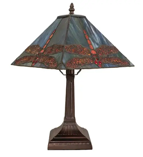 Scarlet Dragonflies with Ruby eyes dive downward against a cloud filled Aurora Midnight sky streaked with a full spectrum of colors. The exceptional stained art glass used in this family has unique tones in each piece; just as in nature. Each piece of glass is hand cut and copper foiled in the Tiffany tradition. The Mission style square shade is supported by a complimentary accent lamp base in a Mahogany Bronze finish. - alternate view