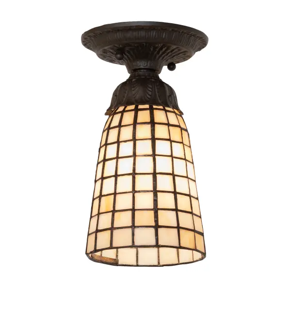 An elongated handcrafted shade of Bone Beige art glass in a Geometric grid pattern is suspended from a metal rod finished in Mahogany Bronze. The art glass shade is created using the famous Meyda Tiffany copper foil construction process. The ceiling fixture is ideal for illuminating a dining table or hallway. The Terra Bone Flush Mount is featured in our American-designed; handcrafted Stained Glass Lighting Collection. UL and cUL listed for dry and damp locations. Each shade is a unique work of art; featuring color variations derived from the natural ingredients inherent in the glass.