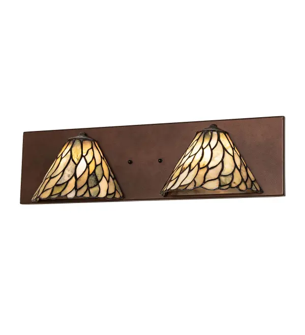 Thinly carved and polished Natural Jadestone in earthy tones of Moss Green and Ivory becomes luminescent in these wispy Willow leaf patterned shades. These two stunning Jadestone half-shades are crafted using the renowned Meyda Tiffany copper foil construction technique and enhanced with hardware featuring a Mahogany Bronze finish. This wall fixture is ideal for illuminating hallways and dining rooms; and can also be used as a vanity light in baths; as well as in residential and hospitality spaces. The Willow Jadestone 2 Light Wall Sconce is featured in our American-designed; handcrafted Jadestone Lighting Collection. The fixture is UL and cUL listed for dry and damp locations. Each shade is a unique work of art with color variations based on natural ingredients inherent in the Jadestone.