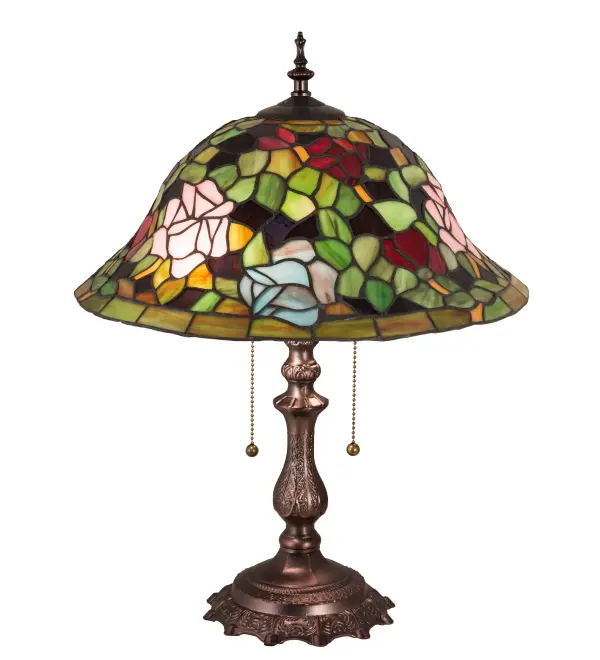 The most beloved of all floral beauties. The Rosebush is beautifully represented in this stunning reproduction of a Tiffany Studio Classic. Petal Pink; Romantic Red; Beautiful Blue and Plum Passion art glass Roses ramble on a maze of Garden Green leaves. The shade is created using the famous Meyda Tiffany copperfoil construction. The delicate domed stained glass shade is paired with a Mahogany Bronze finished base. UL and cUL listed for dry locations.