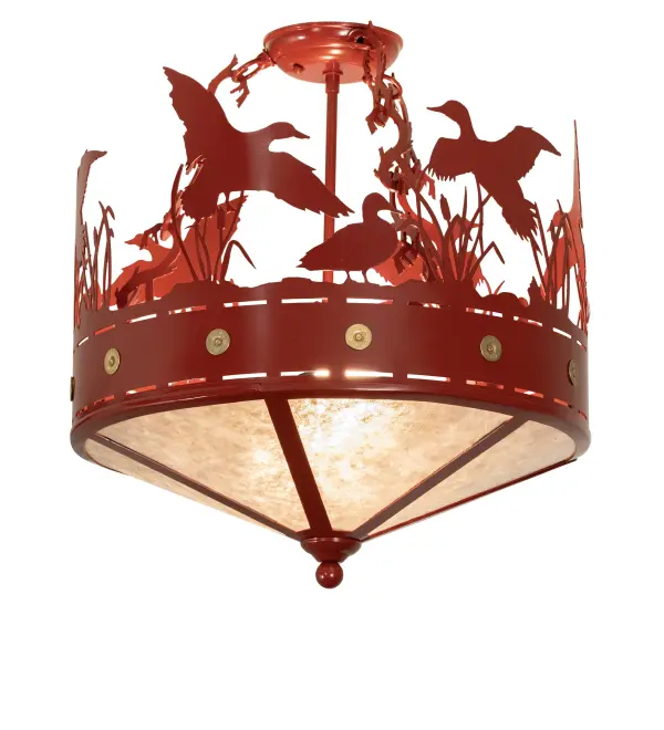Ducks splash about the cattails and marsh grass in this wildlife-inspired original ceiling fixture. This breathtaking ceiling fixture features a stunning Silver Mica lens; which diffuses soft; ambient illumination. Shotgun shell and other decorative accents; hardware; and frame are featured in a Brown Red finish. This fixture is an ideal centerpiece for illuminating dining and living spaces in residential; hospitality; and commercial settings. The Ducks in Flight Inverted Pendant is featured in our American-made; American-designed; handcrafted Wildlife Lighting Collection. This fixture is manufactured in Yorkville; New York. UL and cUL listed for dry and damp locations.