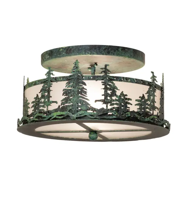 Mesmerizing Pine Tree silhouettes are featured as the brilliant morning sun rises above the woodlands in the background. This stunning; graceful ceiling fixture features a striking Tall Pine Tree design on a Frosted Seeded Glass lens; with a frame and hardware finished in a Hand-Painted Craftsman Verdigris. The fixture is ideal for illuminating hallways and dining spaces in timber homes; modern farmhouses; lodges; and similar spaces. The Tall Pines Semi-Flush Mount is featured in our American-made; American-designed; handcrafted Nature Inspired Collection; which is manufactured in Yorkville; New York. The fixture is UL and cUL listed for dry and damp locations. Upstate New York's adventurous playland; known as the Adirondack Mountains; with its many breathtaking forests; lakes; and rivers; is the spiritual birthplace of Meyda and inspires our rustic-themed collections.