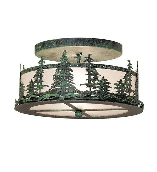 Mesmerizing Pine Tree silhouettes are featured as the brilliant morning sun rises above the woodlands in the background. This stunning; graceful ceiling fixture features a striking Tall Pine Tree design on a Frosted Seeded Glass lens; with a frame and hardware finished in a Hand-Painted Craftsman Verdigris. The fixture is ideal for illuminating hallways and dining spaces in timber homes; modern farmhouses; lodges; and similar spaces. The Tall Pines Semi-Flush Mount is featured in our American-made; American-designed; handcrafted Nature Inspired Collection; which is manufactured in Yorkville; New York. The fixture is UL and cUL listed for dry and damp locations. Upstate New York's adventurous playland; known as the Adirondack Mountains; with its many breathtaking forests; lakes; and rivers; is the spiritual birthplace of Meyda and inspires our rustic-themed collections. - alternate view