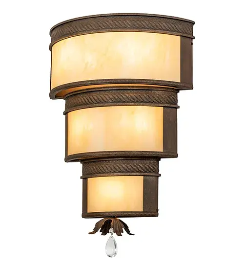 Every Meyda Tiffany item is a unique handcrafted work of art. Natural variations in the wide array of materials that we use to create each Meyda product make every item a masterpiece of its own. Photographs are a general representation of the product. Colors and designs will vary. Collection: Rope Trimmed Finish: Cortez Gold Glass: Sahara Taupe Idalight Width: 18.00" Height: 25.50" Length: 6.75" Weight: 17.00 lb Number of Bulbs: 2 Maximum Wattage: 9.00 W Bulb Type: A19 Bulb Base: E26 Light Source: LED Material: Steel Country of Origin: USA Safety Rating: Damp LED - alternate view