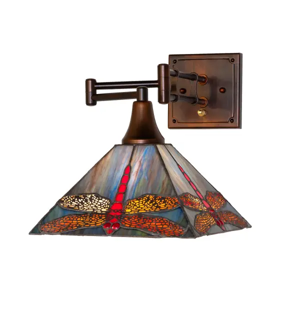 Every Meyda Tiffany item is a unique handcrafted work of art. Natural variations in the wide array of materials that we use to create each Meyda product make every item a masterpiece of its own. Photographs are a general representation of the product. Colors and designs will vary. Collection: Prairie Dragonfly Finish: Vintage Copper Glass: Stained Glass Width: 10.00" Height: 11.50" Length: 15.50" Weight: 4.50 lb Number of Bulbs: 1 Maximum Wattage: 60.00 W Bulb Type: A19 Bulb Base: E26 Material: Steel Country of Origin: CHINA Safety Rating: Damp
