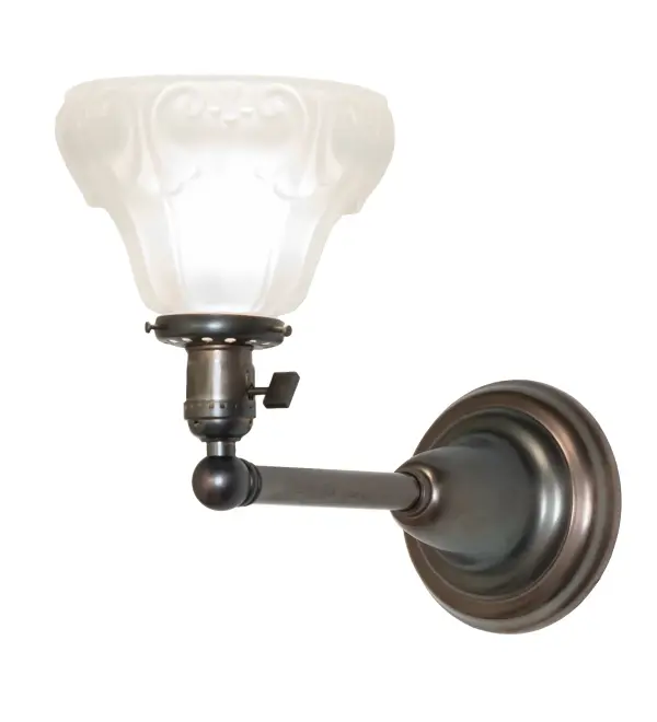 Step back in time with an elegant Brass wall sconce featuring a traditional glass shade; fit; and finish. Reminiscent of lighting fixtures from the early 1900s; the Frosted Clear Textured Revival Glass shade features a floral design and an authentic historic look to complement any room or space. Weathered Antique Brass finished hardware; accents; and a traditional on/off paddle switch make this piece a timeless treasure. This stunning wall fixture is perfect for placement in corridors and dining areas in residential and hospitality settings. The Revival Nautica Wall Sconce is included in our American-designed; handmade Revival Lighting Collection. UL and cUL listed for dry and damp locations.