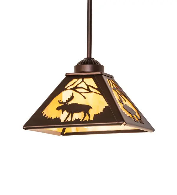 This nature-inspired mini pendant depicts a majestic Moose meandering through an enchanting forest as the early morning mist begins to clear; creating a beautiful spectacle with the rising sun. A power animal symbolizing confidence; wisdom; longevity; and steadfastness; the Moose is portrayed in all its glory in a Mahogany Bronze finish. The stunning shade features a beautiful Travertine Idalight lens with a dramatic Moose silhouette. Place the mini pendants in a group above a bar; kitchen island; or dining table to create a beautiful design statement. The Moose at Dawn Mini Pendant is included in the American-made; American-designed; handcrafted Wildlife Collection; which is manufactured in Yorkville; New York. The fixture is UL and cUL listed for dry and damp locations. Upstate New York's adventurous playland; known as the Adirondack Mountains; with its many breathtaking forests; lakes; and rivers; is the spiritual birthplace of Meyda and inspires our rustic-themed collections.