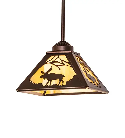 This nature-inspired mini pendant depicts a majestic Moose meandering through an enchanting forest as the early morning mist begins to clear; creating a beautiful spectacle with the rising sun. A power animal symbolizing confidence; wisdom; longevity; and steadfastness; the Moose is portrayed in all its glory in a Mahogany Bronze finish. The stunning shade features a beautiful Travertine Idalight lens with a dramatic Moose silhouette. Place the mini pendants in a group above a bar; kitchen island; or dining table to create a beautiful design statement. The Moose at Dawn Mini Pendant is included in the American-made; American-designed; handcrafted Wildlife Collection; which is manufactured in Yorkville; New York. The fixture is UL and cUL listed for dry and damp locations. Upstate New York's adventurous playland; known as the Adirondack Mountains; with its many breathtaking forests; lakes; and rivers; is the spiritual birthplace of Meyda and inspires our rustic-themed collections. - alternate view