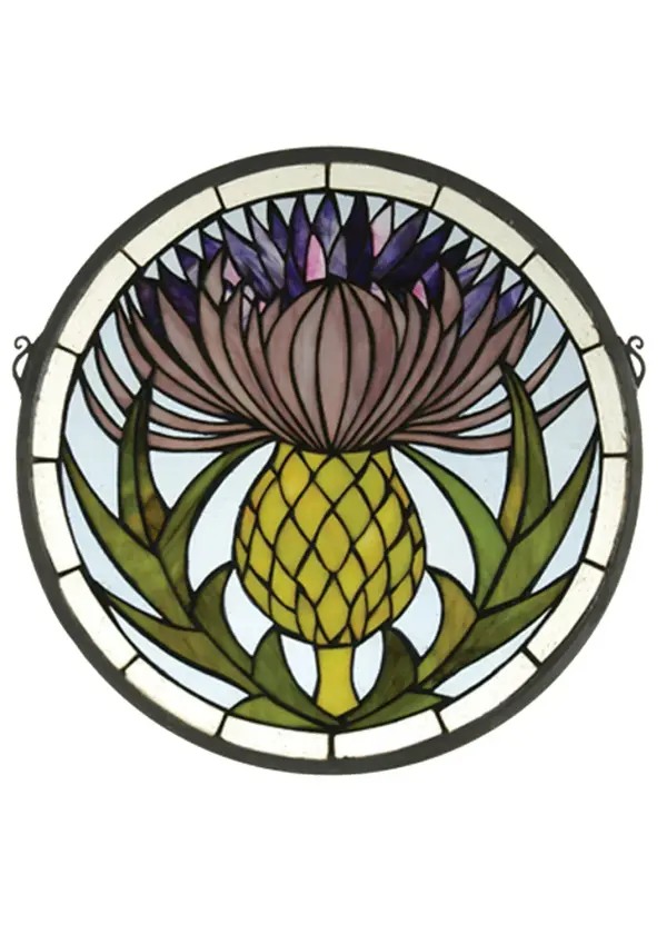 Meyda Tiffany's Thistle window is an original design utilizing art nouveau stylings. Handcrafted utilizing the copperfoil construction process and 175 pieces of stained art glass encased in a solid brass frame, each window is a unique creation. Mounting bracket and jack chain included. Collection: Thistle Finish: Craftsman Brown Glass: Vac Pr Ya 59 Width: 17.00" Height: 17.00" Length: 17.00" Weight: 6.00 lb Extension from Wall: 14.00" Bulb Type: TBD Material: Metal Country of Origin: CHINA Safety Listing: Dry Safety Rating: Dry