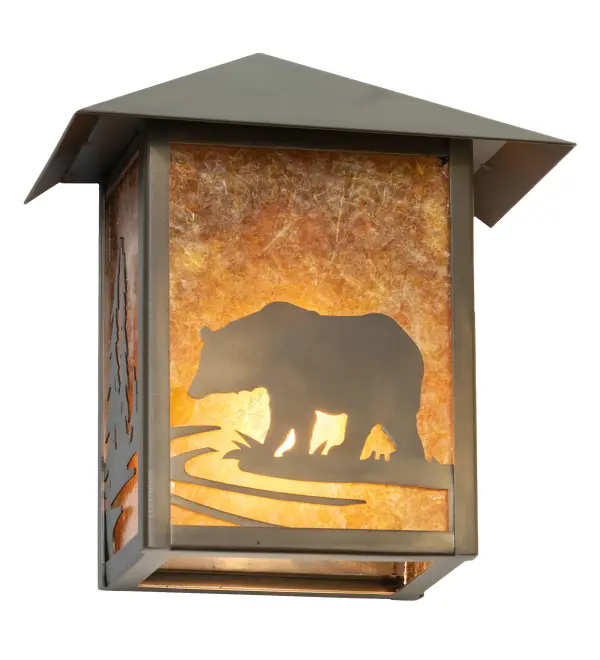 A majestic Bear meanders alongside a mountain creek; creating an image that would make Mother Nature proud. Pleasant ambient light projects through an Amber Mica diffuser; complemented with a frame and hardware featured in an Antique Copper finish. This fixture is complemented with the matching Seneca Bear Creek Right Wall Sconce; model 261047. The Seneca Bear Creek Wall Sconces are included in our American-made; American-designed; handcrafted Nature Inspired Lighting Collection and manufactured in Yorkville; NY. UL and cUL listed for dry and damp locations. Upstate New York's adventurous playland; known as the Adirondack Mountains; with its many breathtaking forests; lakes; and rivers; is the spiritual birthplace of Meyda and inspires our rustic-themed mica collections.