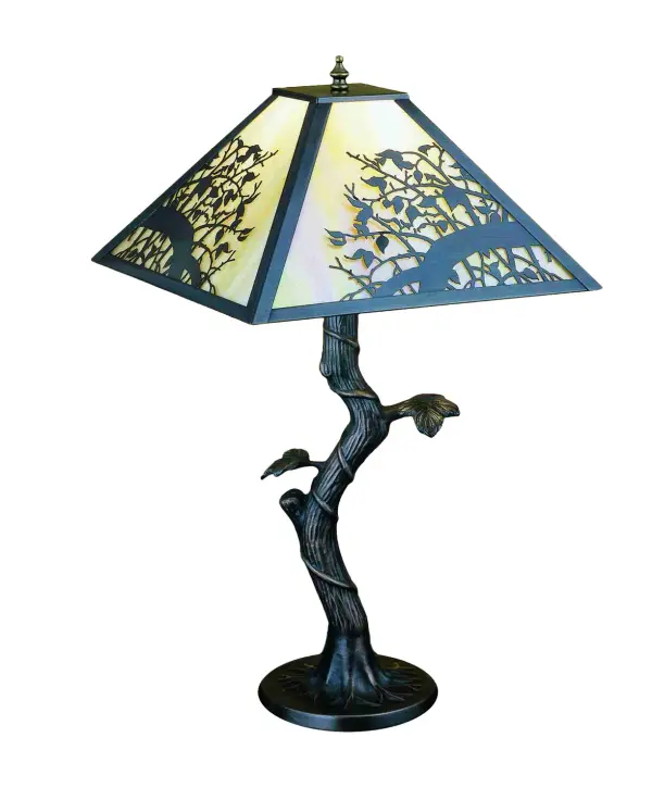 This impressive nature-inspired table lamp is custom-crafted with a Mission-styled shade featuring delicate Apple Branches, and blossoms design accentuating the stunning Beige art glass shade. The shade is complemented with decorative accents and a crooked tree base featured in a Mahogany Bronze finish. The Apple Blossom Table Lamp is included in our American-made, American-designed, handcrafted Nature-Inspired Lighting Collection. It was manufactured in Yorkville, NY. The lamp is UL and cUL listed for dry locations. Collection: Apple Blossom Finish: Craftsman Brown Glass: Beige Iridescent Notes: Custom Crafted In Yorkville, New York Please Allow 30 Days Width: 18.50" Height: 23.00" Length: 13.00" Weight: 35.00 lb Number of Bulbs: 1 Maximum Wattage: 60.00 W Bulb Type: A19 Bulb Base: E26 Material: Zinc Country of Origin: USA Safety Listing: Dry Safety Rating: Dry