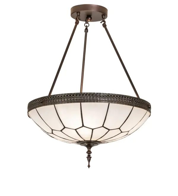 Embrace the timeless look of this classic lighting design. A Bent White Art Glass shade features a Honeycomb pattern enhanced with Brass filigree accents finished in Highlighted Craftsman Brown; highlighted to reveal an eye-catching dimensional look. The fixture is complemented with Mahogany Bronze finished hardware. This ceiling fixture is ideal for dining areas and entryways in fine homes; restaurants; and hotels. The Vincent Honeycomb Inverted Semi-Flush Mount is featured in our American-made; American-designed; handcrafted Quality Bent Glass Collection; which is manufactured in Yorkville; New York. The ceiling fixture is UL & cUL listed for dry and damp locations. The Quality Bent Glass division of Meyda Tiffany has been in the making for over 100 years. The company revolutionized the manufacturing process for high-temperature glass forming by custom-building production-capacity glass forming ovens and kilns. Today; we continue to create timeless masterpieces using tools and methods that date back to when we supplied Tiffany Studios.