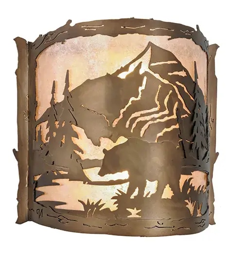 A majestic Bear wanders to the mountain creek for a refreshing drink as the morning sun rises above the mountainside. Pleasant ambient light projects through warm Silver Mica; which is complemented with hardware and decorative accents featured in an Antique Copper finish. The matching Bear Creek Right Wall Sconce; model 17464; complements this fixture. The Bear Creek Wall Sconces are included in our American-made; American-designed; handcrafted Nature Inspired Lighting Collection and manufactured in Yorkville; NY. UL and cUL listed for dry and damp locations. Upstate New York's adventurous playland; known as the Adirondack Mountains; with its many breathtaking forests; lakes; and rivers; is the spiritual birthplace of Meyda and inspires our rustic-themed mica collections. - alternate view