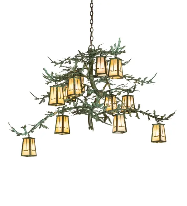 Invite the natural charm of the American woodlands into your camp; lodge; home; or business with this awe-inspiring chandelier. Twelve Beige Iridescent Glass lanterns are offered in this stunning Arts & Crafts design; adorned with pine branch-shaped metal arms featuring pine needle metal accents. This lovely; elaborate fixture features Tarnished Copper finished hardware with Green hand-painted pine branch metal arms. The spectacular fixture is ideal for making a dramatic design statement in an entryway; lobby; or ballroom. The overall height ranges from 39 to 182 inches; as the chain can be easily adjusted on location. The Pine Branch Valley View 12 Light Oblong Chandelier is included in our American-made; American-designed; handcrafted Nature Inspired Lighting Collection; which is manufactured in Yorkville; New York. UL and cUL listed for dry and damp locations. Upstate New York's adventurous playground; the Adirondack Mountains; with its many breathtaking forests; lakes; and rivers; is the spiritual birthplace of Meyda and inspires our rustic-themed art glass collections.