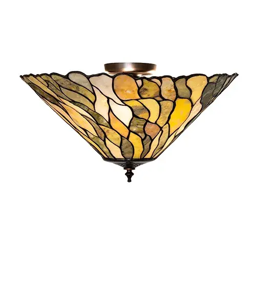 Thinly carved and polished Natural Jadestone in earthy tones of Moss Green and Ivory becomes luminescent in this wispy Willow leaf patterned shade. This stunning Jadestone shade is created using the famous Meyda Tiffany copper foil construction technique and enhanced with a Mahogany Bronze finish. This ceiling fixture is ideal for illuminating hallways; dining rooms; and areas in residential and hospitality spaces. The Willow Jadestone Flush Mount is featured in our American-designed; handcrafted Jadestone Lighting Collection. The fixture is UL and cUL listed for dry and damp locations. Each shade is a unique work of art with color variations based on natural ingredients inherent in the Jadestone. - alternate view