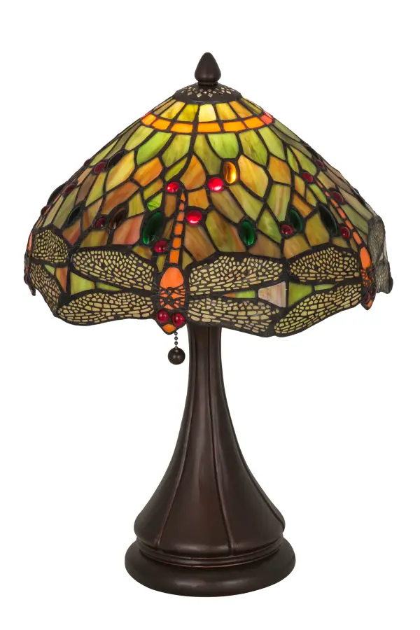 One of Tiffany Studios' most beloved designs; Dragonflies with glowing Scarlet jeweled eyes and delicate metal filigreed Emerald wings dive over hand cut and copper foiled pieces of Sunset colored art glass accented with colorful Ruby; Emerald and Topaz colored jewel dew drops. The stunning shade; created using Meyda Tiffany's famous copperfoil construction process; is perched on a hand finished Mahogany Bronze base. Custom colors; finishes and sizes are available; as well as dimmable energy efficient lamping options such as LED. The lamp is UL and cUL listed for dry locations.