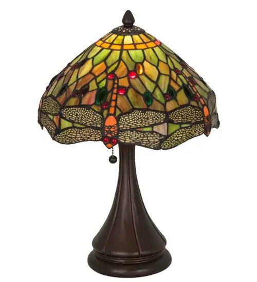 One of Tiffany Studios' most beloved designs; Dragonflies with glowing Scarlet jeweled eyes and delicate metal filigreed Emerald wings dive over hand cut and copper foiled pieces of Sunset colored art glass accented with colorful Ruby; Emerald and Topaz colored jewel dew drops. The stunning shade; created using Meyda Tiffany's famous copperfoil construction process; is perched on a hand finished Mahogany Bronze base. Custom colors; finishes and sizes are available; as well as dimmable energy efficient lamping options such as LED. The lamp is UL and cUL listed for dry locations. - alternate view