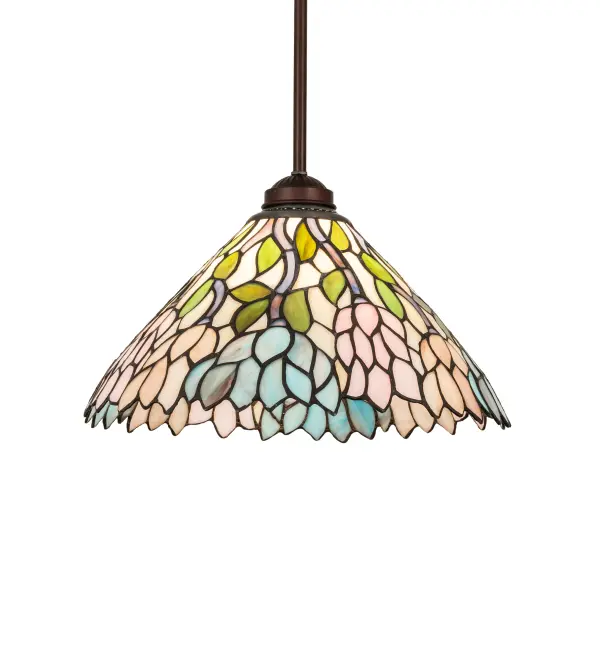 Stylized Wisteria flower clusters in Petal Pink, Amethyst Blue, and Dark Mauve with Jade Green leaves and Dark Mauve vines drape over the Beige background of this ceiling fixture shade. The classic styling of Tiffany art glass and soft pastel colors will add a charming touch to any room. The stunning shade is crafted from hand-cut glass using the renowned Meyda Tiffany copper foil construction technique. It is complemented with elegant metal hardware in a warm Mahogany Bronze finish. The overall height can be adjusted by combining the four stem lengths that are included: 6-inch, 12-inch, 16-inch, and 24-inch, in any combination to achieve the desired drop from the ceiling. The Wisteria Pendant is included in our American-designed, handcrafted Stained Glass Lighting Collection. UL & cUL listed for dry and damp locations. Each shade is a unique work of art with color variations based on natural ingredients inherent in the glass. Collection: Wisteria Finish: Mahogany Bronze Glass: Stained Glass Width: 14.00" Height: 24.00" Length: 14.00" Weight: 6.00 lb Number of Bulbs: 1 Maximum Wattage: 60.00 W Bulb Type: A19 Bulb Base: E26 Material: Steel Country of Origin: CHINA Safety Rating: Damp