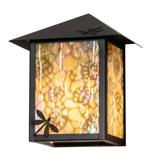 A charming Dragonfly darts in front of a Lotus Leaf silhouette on this handsome American Craftsman lantern style wall sconce. The fixture, handcrafted in the USA by Meyda artisans, is finished in Craftsman Brown and has Iridized Beige glass panels. Collection: Seneca Finish: Craftsman Brown Glass: Beige Iridescent Glass Width: 9.00" Height: 11.00" Length: 6.00" Weight: 4.00 lb Extension from Wall: 6.00" Number of Bulbs: 1 Maximum Wattage: 60.00 W Bulb Type: A19 Bulb Base: E26 Material: Brass Country of Origin: USA Safety Listing: Wet Safety Rating: Wet