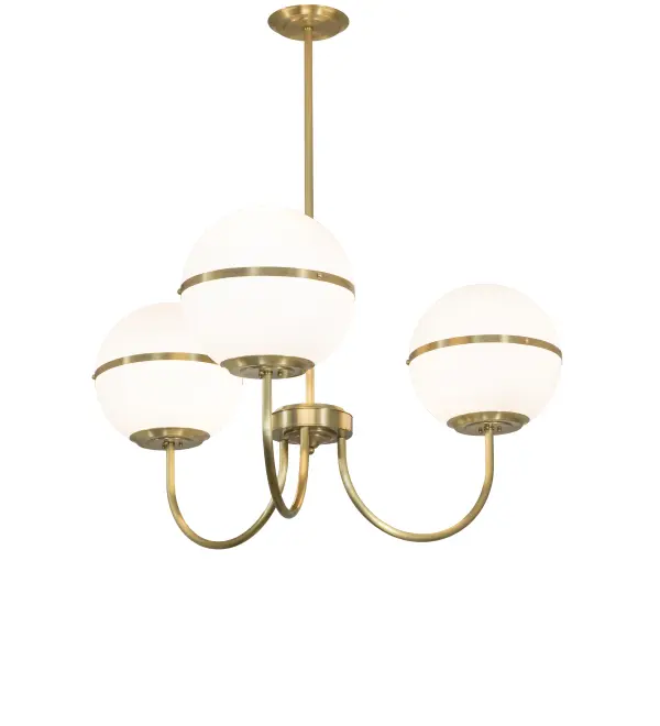 A cool contemporary look. This lovely chandelier features three curvaceous Matte White Glass shades; each enhanced with a horizontal band and decorative stud in stunning Brushed Brass. The chandelier is Ideal for providing beautiful ambient illumination in entryways; dining areas; and other spaces in residential; hospitality; and commercial settings. The Toccata 3 Light Chandelier is included in our American-designed; handcrafted Modern Lighting Collection. The fixture is UL and cUL listed for use in dry and damp locations. This fixture is featured at the Boston Symphony Orchestra in Boston; Massachusetts. The lighting designer is Matt Zelkowitz; and the architect is Amanda Dellevigne.