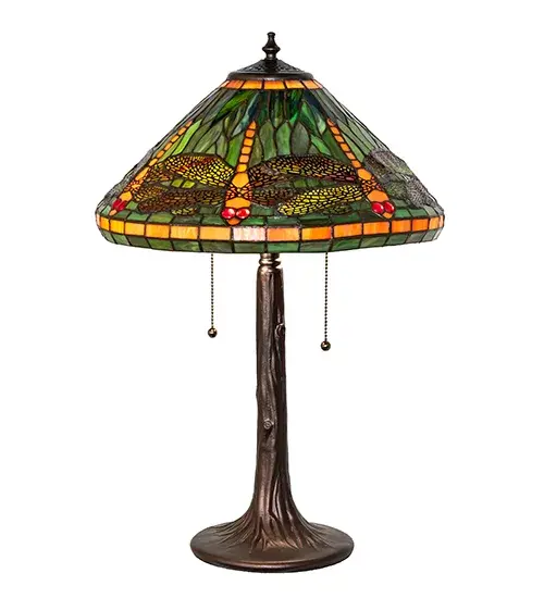 This classic Tiffany design features Diving Dragonflies with glowing Red jeweled eyes and delicate Amber glass wings with metal filigree. The dragonflies dive over hand-cut; copper foil constructed pieces of Green art glass. Amber and Brown Green bands circle the bottom of the stained glass shade. The art glass shade is enhanced with a hand-finished Mahogany Bronze base. The Dragonfly Table Lamp is included in our American-designed; handcrafted Tiffany Reproduction Collection. UL and cUL listed for dry locations. Each shade is a unique work of art with color variations based on natural ingredients inherent in the glass. - alternate view