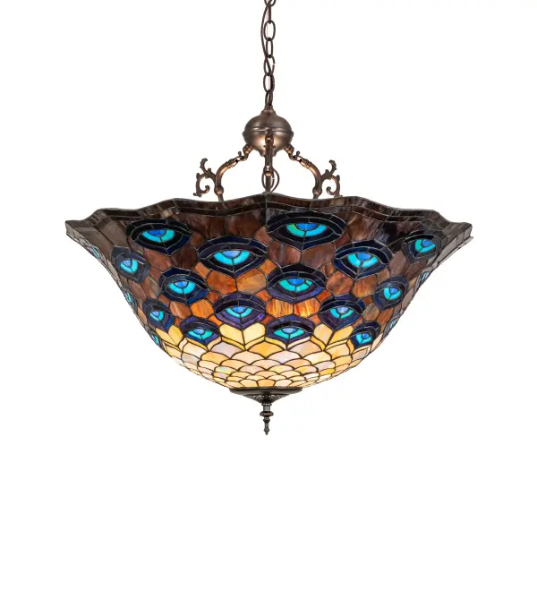 This spectacular ceiling fixture features Bark Brown, Mauve with Beige, Pink, Orange, and Gray stained glass that adorns this shade, while feathers feature Turquoise, Blue, and Purple. A scalloped Purple, Blue, Orange, and Green crest edges the shade created using the Meyda Tiffany copperfoil construction. Creating a dramatic design statement by placing this fixture in dining rooms and other residential, commercial, and hospitality spaces. The overall height ranges from 27 to 62 inches, as the chain can be easily adjusted on location to meet your specific lighting requirements. The Tiffany Peacock Feather Inverted Pendant is included in our American-designed, handcrafted Tiffany Reproduction Collection. The fixture is UL & cUL listed for dry and damp locations. Each shade is a unique work of art with color variations based on natural ingredients inherent in the glass. Collection: Tiffany Peacock Feather Finish: Mahogany Bronze Glass: Stained Glass Width: 28.00" Height: 27.00" Length: 28.00" Weight: 17.00 lb Number of Bulbs: 3 Maximum Wattage: 60.00 W Bulb Type: A19 Bulb Base: E26 Material: Steel Country of Origin: CHINA Safety Rating: Damp