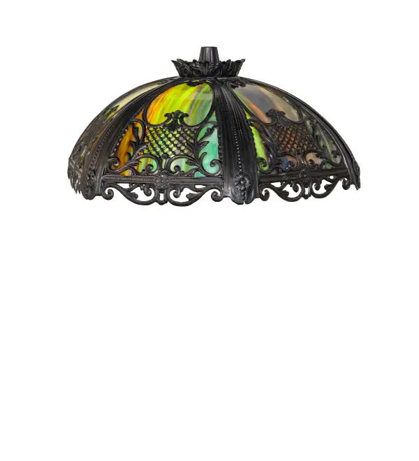 Embrace the timeless look of this classic lighting design. A Bent Art Glass shade in Green; Blue; and Brown hues is highlighted with Brass lattice filigree accents finished in a Black Patina; revealing an eye-catching dimensional look. This shade is perfect for a table lamp that illuminates picture windows; desktops; dining areas; and entryways in fine homes; restaurants; and hotels. The shade pairs well with a table or floor lamp base and can be matched with hardware to create a pendant or flush mount. The Lattice Filigree Shade is featured in our American-made; American-designed; handcrafted Quality Bent Glass Collection; which is manufactured in Yorkville; New York. The Quality Bent Glass division of Meyda Tiffany has been in the making for over 100 years. The company revolutionized the manufacturing process for high-temperature glass forming by custom-building production capacity ovens and kilns. Today; we continue to create timeless masterpieces using tools and methods that date back to when we supplied Tiffany Studios.