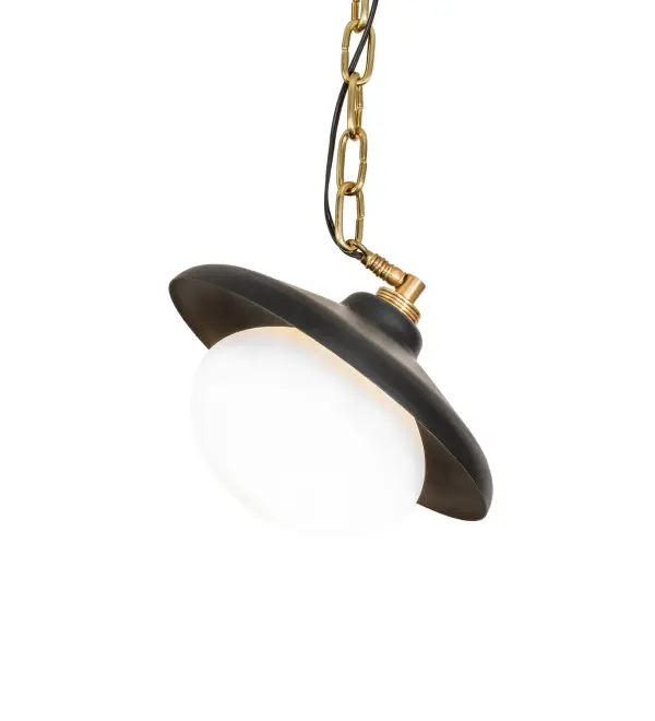 This stylish, flexible ceiling pendant features a brilliant Matte Black roof and matching canopy with a Polished Brass chain. Beautiful ambient illumination is generated from the Satin Whit Opal Glass globe. This fixture is ideal for illuminating nightstands in a bedroom, or end tables in a living space or suite, and other spaces in residential and hospitality spaces. The overall height ranges from 14 to 44 inches, as the chain length can be easily adjusted on location to accommodate your specific lighting application needs. The Nightstand Pendant is included in our American-designed, handcrafted Deco Lighting Collection. The fixture is UL and cUL listed for dry and damp locations. Collection: Nightstand Finish: Polished Brass & Matte Black Glass: Satin White Opal Glass Width: 12.00" Height: 14.00" Length: 12.00" Weight: 6.00 lb Number of Bulbs: 1 Maximum Wattage: 60.00 W Bulb Type: A19 Bulb Base: E26 Material: Brass Country of Origin: USA Safety Rating: Damp