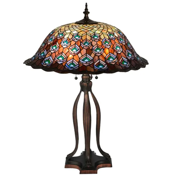 As distinctive as a beautiful Peacock's feathers; no two shades will ever be the same as their individuality can be as remarkably unique as their personality. This artistic creation utilizes swirling opalescent art glass background combinations including Beige Amber; Yellow Pinks; Red Purples; Golden Blues and Greens; Ivories; Bluish Whites; Turquoise Blues; Periwinkle; Olive and Spring Greens; Pale Yellow; Amethyst; Emerald and Topaz. The eye of the plumage design reveals Purples; Pastel Blues; Teals; Cobalt and Ivories. Individual pieces of glass are hand cut and wrapped using Meyda Tiffany's famous copperfoil construction. Each shade is a unique work of art with color variations based on natural ingredients inherent in the glass. Mahogany Bronze finish.
