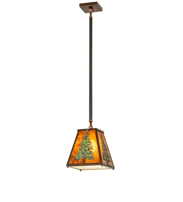 This pendant features an Amber Mica shade with a Statuario Idalight bottom diffuser. Vintage Copper finished hardware and Verdigris hand painted tall pine tree silhouettes complete the design. Ideal for timber homes, lodges, and rustic interiors. Included in our American-made, American-designed, handcrafted Nature Inspired Collection and manufactured in Yorkville, New York. UL and cUL listed for dry and damp locations. Collection: Tall Pines Finish: Vintage Copper Glass: Amber Mica Width: 14.00" Height: 43.00" Length: 10.00" Weight: 9.00 lb Number of Bulbs: 1 Maximum Wattage: 60.00 W Bulb Type: A19 Bulb Base: E26 Material: Steel Country of Origin: USA Safety Rating: Damp