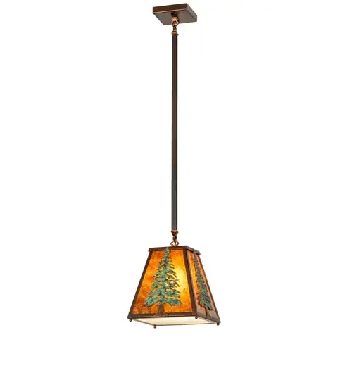 This pendant features an Amber Mica shade with a Statuario Idalight bottom diffuser. Vintage Copper finished hardware and Verdigris hand painted tall pine tree silhouettes complete the design. Ideal for timber homes, lodges, and rustic interiors. Included in our American-made, American-designed, handcrafted Nature Inspired Collection and manufactured in Yorkville, New York. UL and cUL listed for dry and damp locations. Collection: Tall Pines Finish: Vintage Copper Glass: Amber Mica Width: 14.00" Height: 43.00" Length: 10.00" Weight: 9.00 lb Number of Bulbs: 1 Maximum Wattage: 60.00 W Bulb Type: A19 Bulb Base: E26 Material: Steel Country of Origin: USA Safety Rating: Damp - alternate view