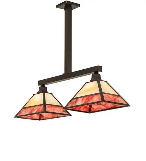 This fixture is made of brass and glass. The brass components are finished in Craftsman Brown on Brass. The shade is Burgandy Baroque and Light Beige. This fixture is UL rated for damp locations. - alternate view