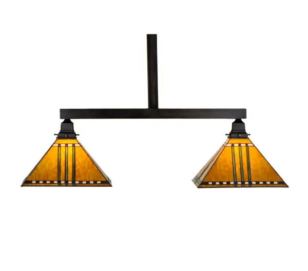 With their love of geometric forms; architects of the Prairie School interpret organic objects into simplified lines. The Meyda Tiffany Prairie Corn two light pendant shade has rows of Chili Red and Wheat kernels and stalks of Bronzed Jade against a Maize Gold background. The stained glass shades are paired with simple Mission style hardware in a Mahogany Bronze finish.