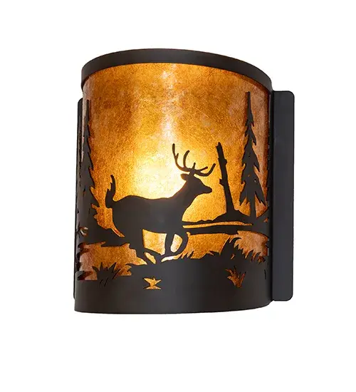Bring the great outdoors in with this striking wall sconce featuring a graceful deer scampering alongside a woodland lake as the morning sun rises in the background. Beautiful ambient light is evoked through the Amber Mica lens, which is enhanced with an Oil Rubbed Bronze finish. To complement this wall fixture, please look at the matching left wall sconce, model 285255. The Deer at Lake Wall Sconces are included in our American-made, American-designed, handcrafted Wildlife Collection, which is manufactured in Yorkville, New York. UL and cUL listed for dry and damp locations. Upstate New York's adventurous playland, known as the Adirondack Mountains, with its many breathtaking forests, lakes, and rivers, is the spiritual birthplace of Meyda and inspires our rustic-themed mica collections. Collection: Deer At Lake Finish: Oil Rubbed Bronze Glass: Amber Mica Width: 8.00" Height: 9.00" Length: 4.50" Weight: 2.50 lb Number of Bulbs: 1 Maximum Wattage: 60.00 W Bulb Type: A19 Bulb Base: E26 Material: Steel Country of Origin: USA Safety Rating: Damp - alternate view