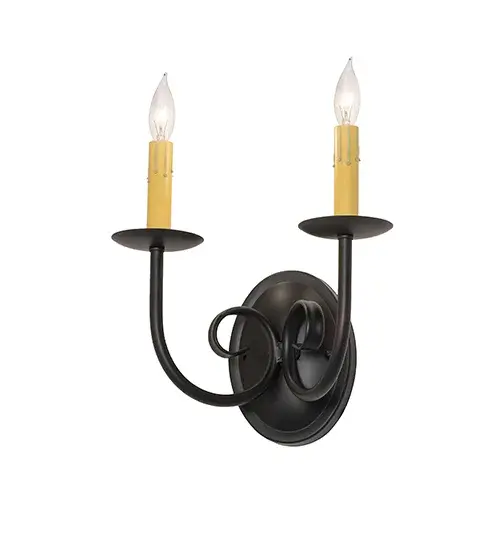 Designed as a traditional illuminating accent for any room or corridor. This minimalistic wall sconce features two Ivory faux candlelights and bobeches with elegant curved arms and round wallplate in a Blackwash finish. The wall fixture can be placed on walls in dining rooms and hallways in fine homes, restaurants, and resorts. See the complementary wall sconce with two White Parchment shades, model 280674. The Squire Wall Sconces are included in our American-made, American-designed, handcrafted Traditional Collection and are manufactured in Yorkville, New York. UL and cUL listed for dry and damp locations. Collection: Squire Finish: Blackwash Width: 11.00" Height: 12.00" Length: 7.00" Weight: 1.50 lb Material: Steel Country of Origin: USA Safety Rating: Damp - alternate view