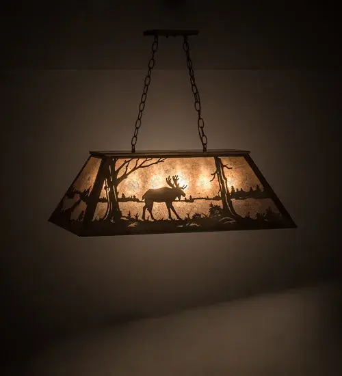 The majestic Moose wanders past a woodland lake while the afternoon sun lowers in the background, as pleasant ambient light projects through warm Silver Mica. This striking wildlife inspired fixture features a frame and hardware in an Antique Copper finish and is handcrafted in the USA by Meyda artisans at the foothills of Upstate New York's Adirondack Mountains. Ideal for lighting kitchen islands, counters, billiard and dining tables, and other interiors. Custom colors, designs and sizes are available. Energy efficient lighting options offered. Collection: Moose At Lake Finish: Antique Copper Glass: Silver Mica Width: 17.00" Height: 18.00" Length: 33.00" Weight: 17.00 lb Extension from Wall: 17.00" Number of Bulbs: 6 Maximum Wattage: 60.00 W Bulb Type: A19 Bulb Base: E26 Material: Steel Country of Origin: USA Safety Listing: Damp Safety Rating: Damp