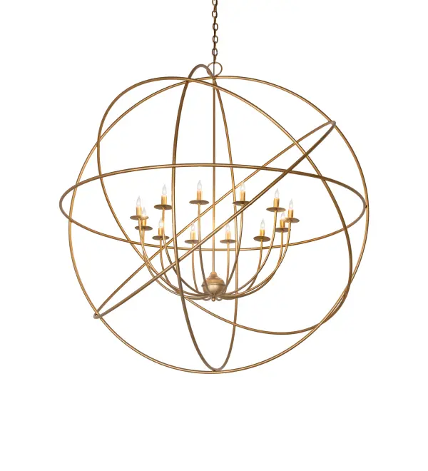 Like a complex gyroscopic structure, stunning Gold Metallic finished rings create a unique curvature pattern that evokes the illusion of revolutionary motion like a spinning gimbal rotating on its axis. The curvaceous frames appear to orbit around 12 complementary faux candlelights perched on matching bobeches. The overall height ranges from 61 to 241 inches, as the chain easily adjusts on location to meet your lighting requirements. The fixture is ideal for illuminating lobbies, entryways, and other residential, hospitality, and educational institutional spaces. It's the perfect lighting design for enthusiasts of science, physics, and chemistry. The Atom Enerjisi Chandelier is featured in our American-made, American-designed, handcrafted Atom Lighting Collection and is manufactured in Yorkville, New York. The fixture is UL and cUL listed for dry and damp locations. Collection: Atom Enerjisi Finish: Gold Metallic Width: 54.00" Height: 61.00" Length: 54.00" Weight: 35.00 lb Number of Bulbs: 12 Maximum Wattage: 40.00 W Bulb Type: B10 Bulb Base: E12 Material: Steel Country of Origin: USA Safety Rating: Damp