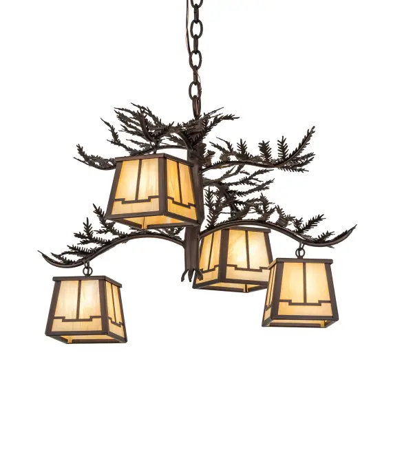 Invite the natural charm of the American woodlands into your camp; lodge; home; or business with this awe-inspiring chandelier. Four Beige Iridescent Glass lanterns are offered in this stunning Arts & Crafts design; adorned with pine branch-shaped metal arms featuring pine needle metal accents. This lovely; elaborate fixture features a warm Mahogany Bronze finish. The spectacular Solid Brass fixture is ideal for making a dramatic design statement in an entryway; lobby; or ballroom. The overall height ranges from 26 to 55 inches; as the chain can be easily adjusted on location. The Pine Branch Valley View 4-Light Chandelier is included in our American-made; American-designed; handcrafted Nature Inspired Lighting Collection and is manufactured in Yorkville; New York. UL and cUL listed for dry and damp locations. Upstate New York's adventurous playground; the Adirondack Mountains; with its many breathtaking forests; lakes; and rivers; is the spiritual birthplace of Meyda and inspires our rustic-themed art glass collections.