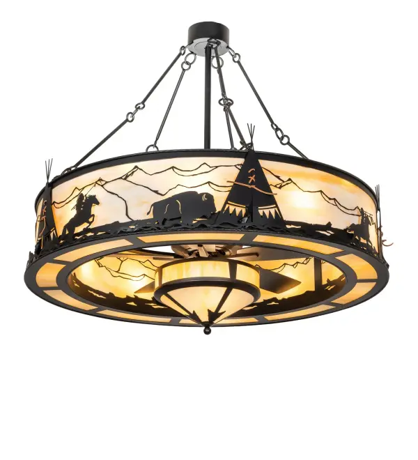 Mesmerizing silhouettes of Native Americans on horseback hunt Buffalo as the morning sun rises above the mountainside. his stunning fan-integrated lighting fixture features a Beige Art Glass lens with a matching bottom diffuser, enhanced with decorative accents and hardware in Black Satin Wrought Iron. It is ideal for dining spaces, great rooms, and entryways in residential and hospitality settings. This energy-saving Chandel-Air creates a wind chill to keep the space cool in summer and reverses in winter to push down hot air and maintain warmth. This innovative, custom fan-integrated lighting fixture delivers three layers of light: decorative, functional, and ambient. Four circuits operate ten inner lights that bring out the beauty of the art glass. Three lamps deliver additional decorative illumination in the shade below, while five up lights provide ambient lighting. The fourth circuit operates the fan, which spins quietly inside to create the perfect ambiance in the space. It is ideal for illuminating great rooms and other large spaces in residential and hospitality settings. The Ignacio Chandel-Air is part of our American-made, American-designed, handcrafted Southwest Collection, which is manufactured in Yorkville, New York. The fixture is UL and cUL listed for dry and damp locations. This fixture is featured in a fine residence in Telluride, Colorado. he artistically manufactured Chandel-Air depicts Native Americans hunting Buffalo in the Four Corners region, including the Roaring Fork Valley and Mesa Verde, which inspired this illuminated artwork. This stunning lighting fixture was created by Meyda for the homeowner, who was paying homage to Native American-inspired designs while respecting the region's cultural significance. Collection: Ignacio Finish: Black Satin Wrought Iron Glass: Beige Art Glass Width: 56.00" Height: 54.00" Length: 56.00" Weight: 166.00 lb Number of Bulbs: 10 Maximum Wattage: 60.00 W Bulb Type: A19 Bulb Base: E26 Material: Steel Country of Origin: USA Safety Rating: Damp